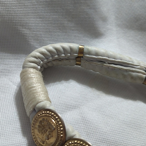 Gold Tone White Leather Faux Coin Dangle Statement Belt Waist Chain Belly Chain main image 9